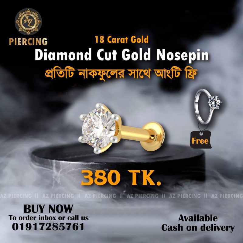 18k gold diamond cut 1 stone nosepin, ring free