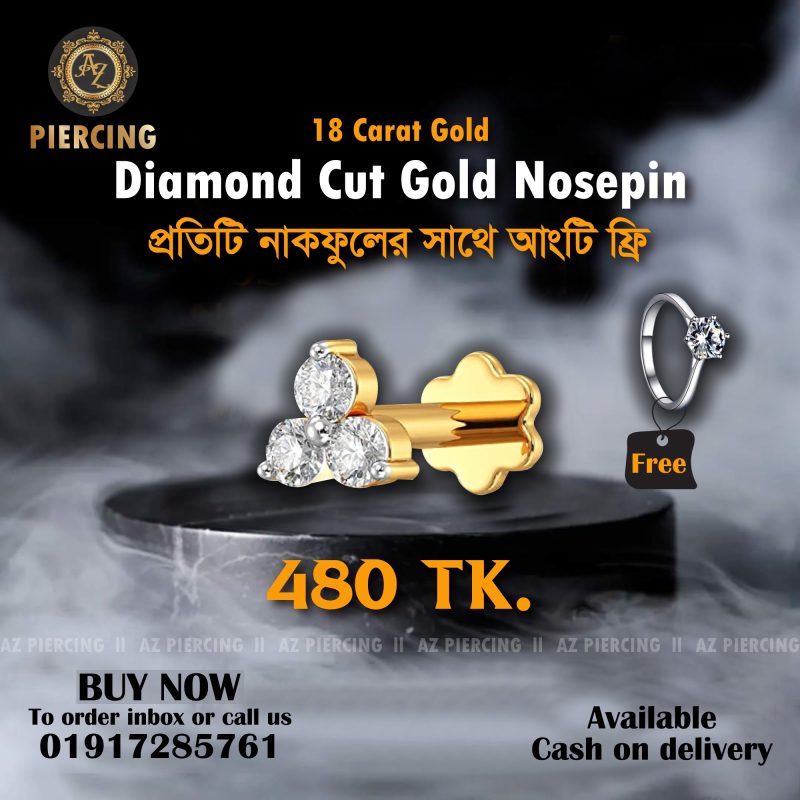 Diamond cut 18k gold 3 stone nosepin, diamond cut ring free