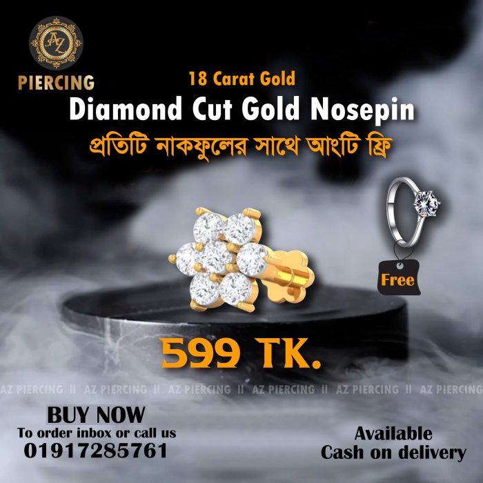 18k gold  diamond cut nosepin with 1 year color guarantee, Diamond cut ring free - Image 2