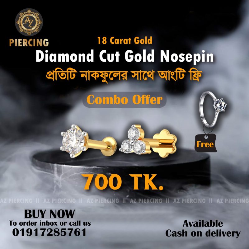 1 stone +3 stone diamond cut 18k gold nosepin combo, diamond cut ring free