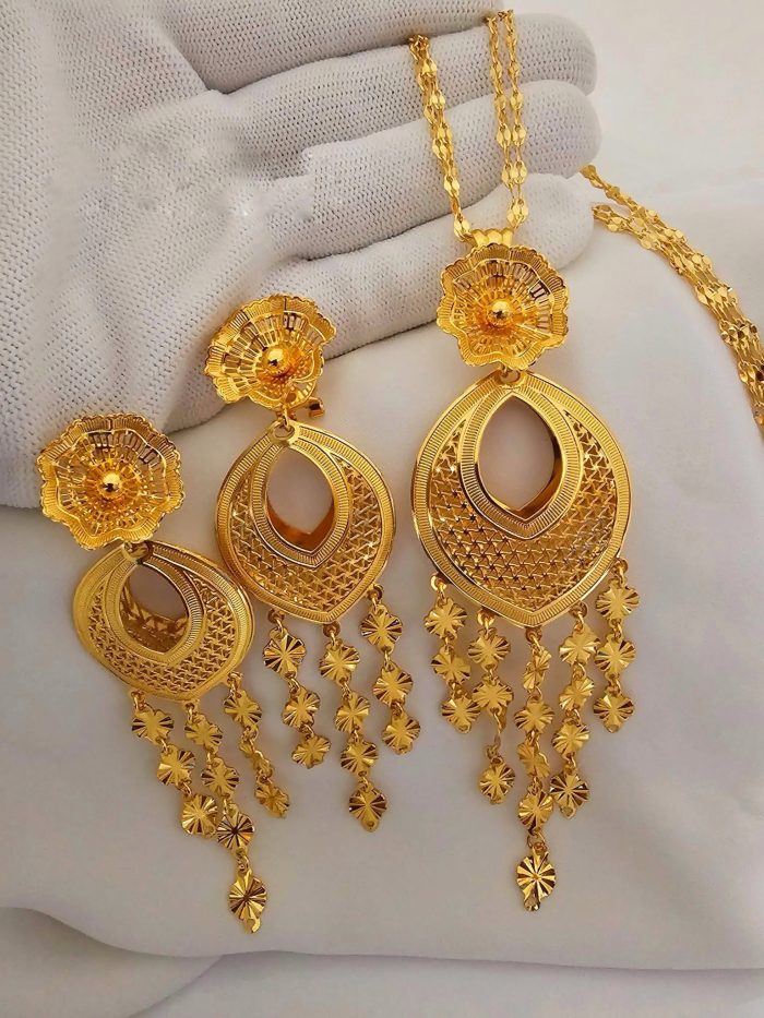 24k gold polished dubai gold bridal necklace set with earrings