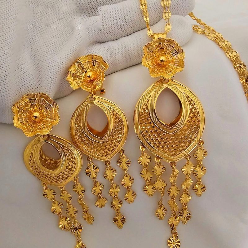 24k gold polished dubai gold bridal necklace set with earrings